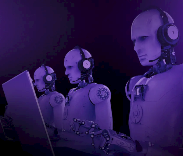 The image shows humanoid robots with headsets working on computers in a purple-lit environment. They appear focused and engaged.