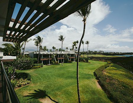 The image shows a view of a lush green lawn, palm trees, and a building structure, with a scenic sky and water in the background.